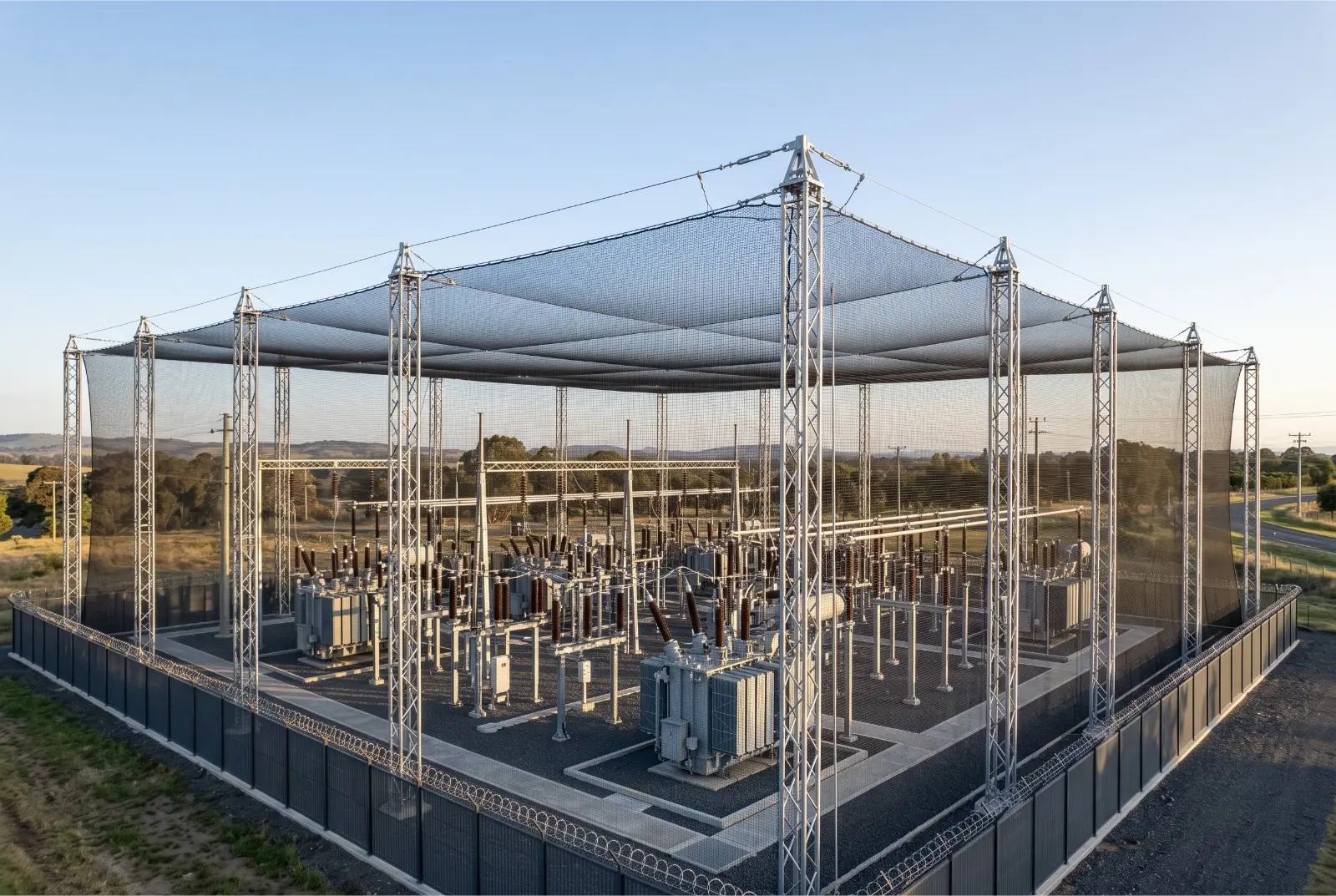 Subestación eléctrica protegida por una jaula de red anti-drones montada sobre torres metálicas