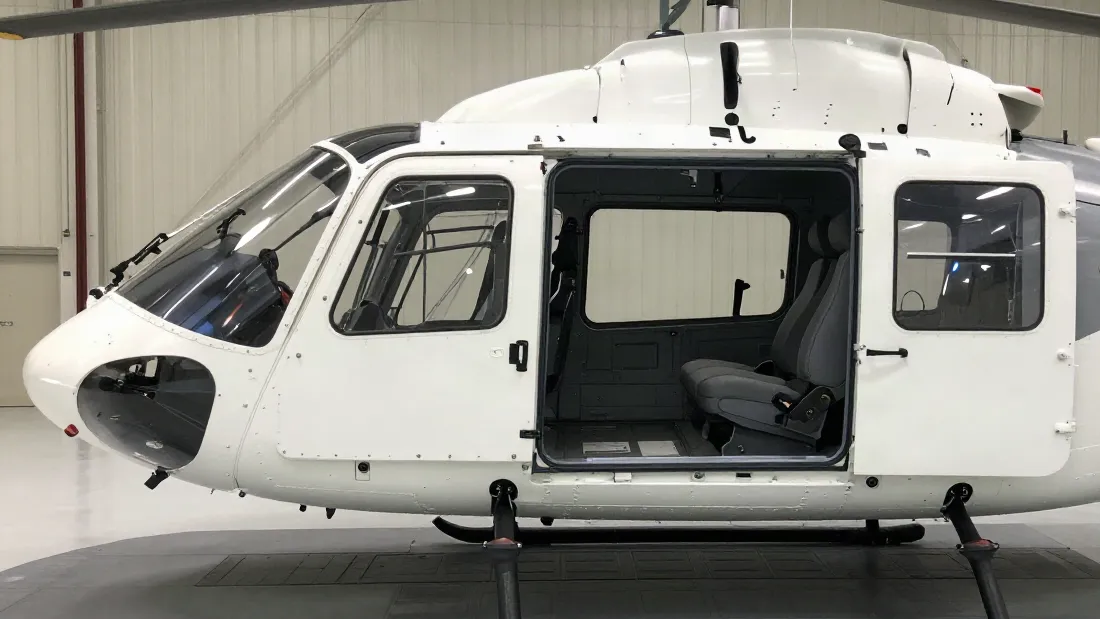 Ilustración: cabina de un helicóptero en el hangar