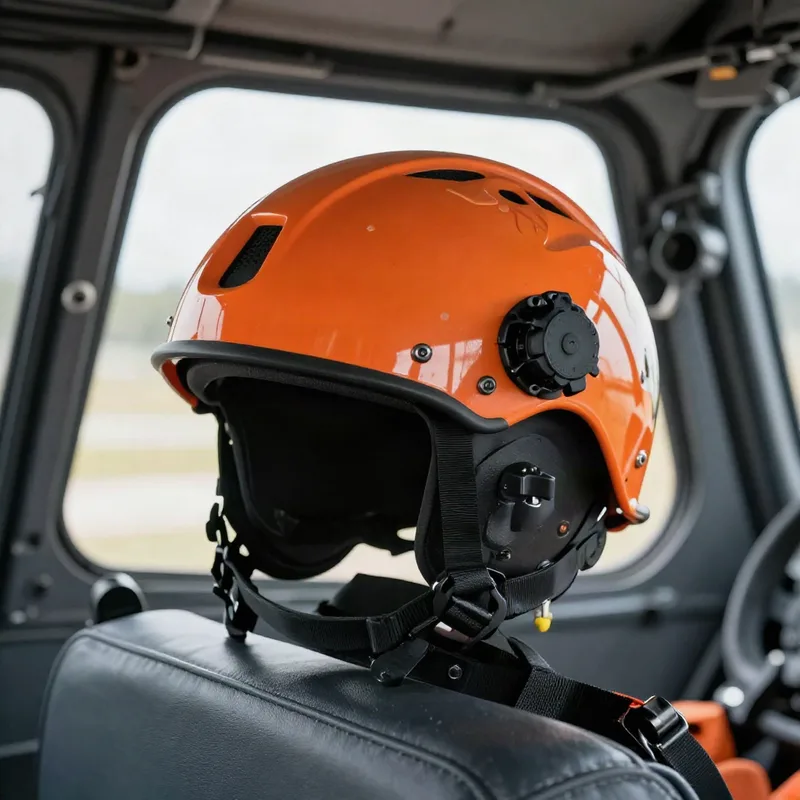 Ilustración: casco ligero naranja en la cabina de un helicóptero