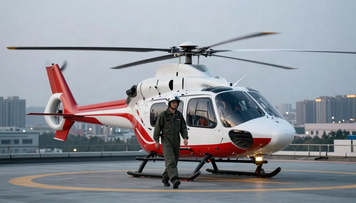 Ilustración: piloto con casco de vuelo junto a un helicóptero sanitario en un helipuerto