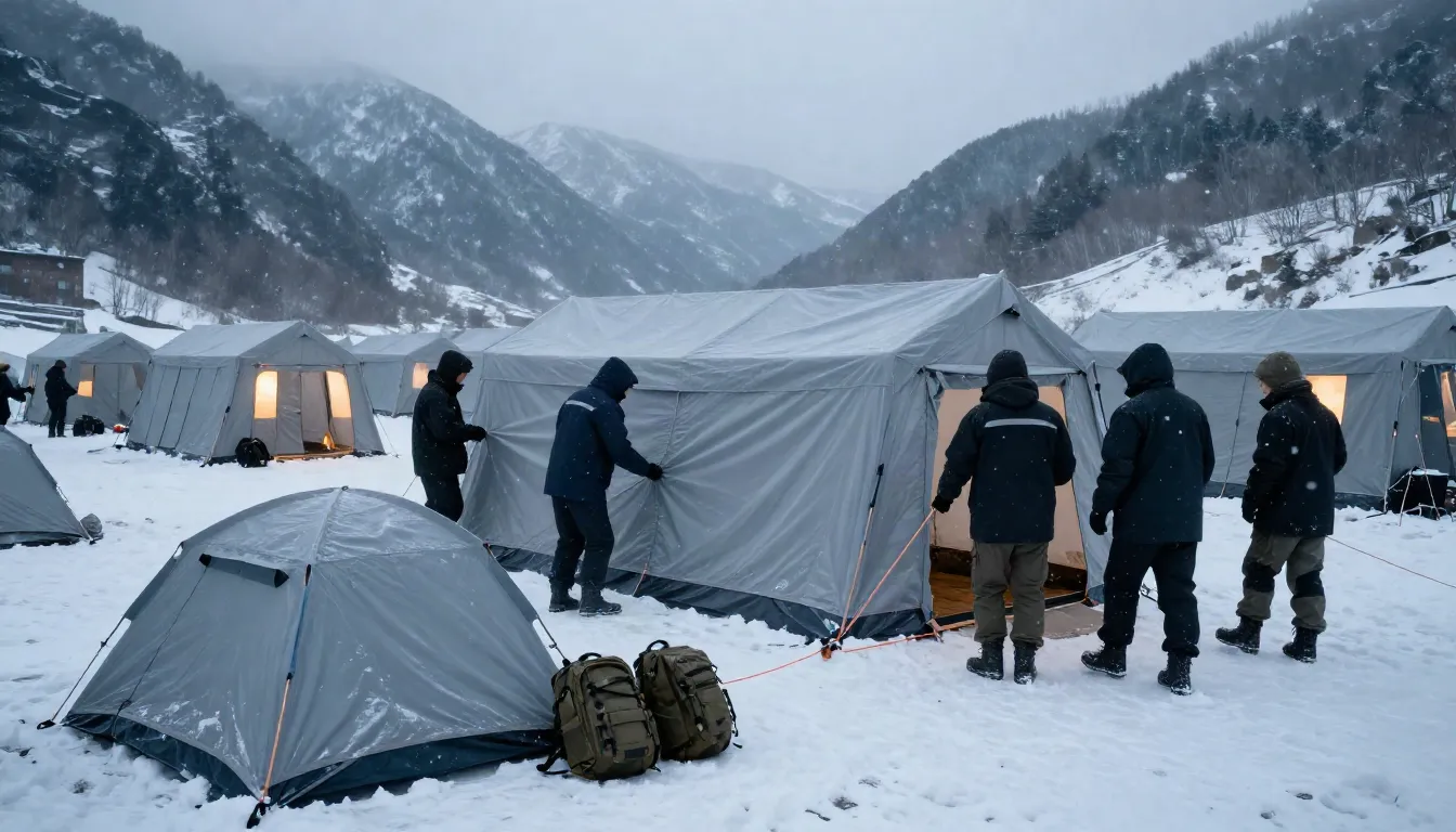 Ilustración: equipos de emergencia montando tiendas de catástrofe en un valle nevado, con mochilas y una tienda pequeña