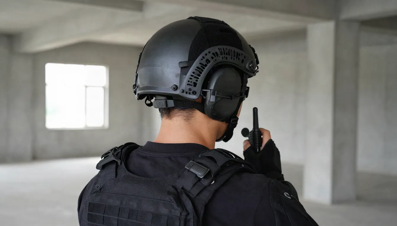Ilustración: agente con casco balístico y auriculares de comunicación pulsando el PTT de la radio