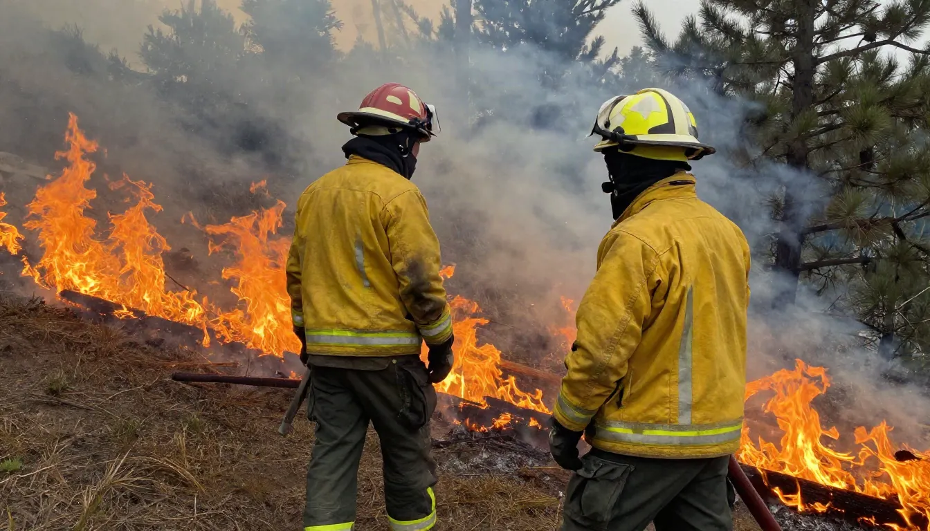 Ilustración: bomberos forestales con ropa ignífuga ante un frente de llamas