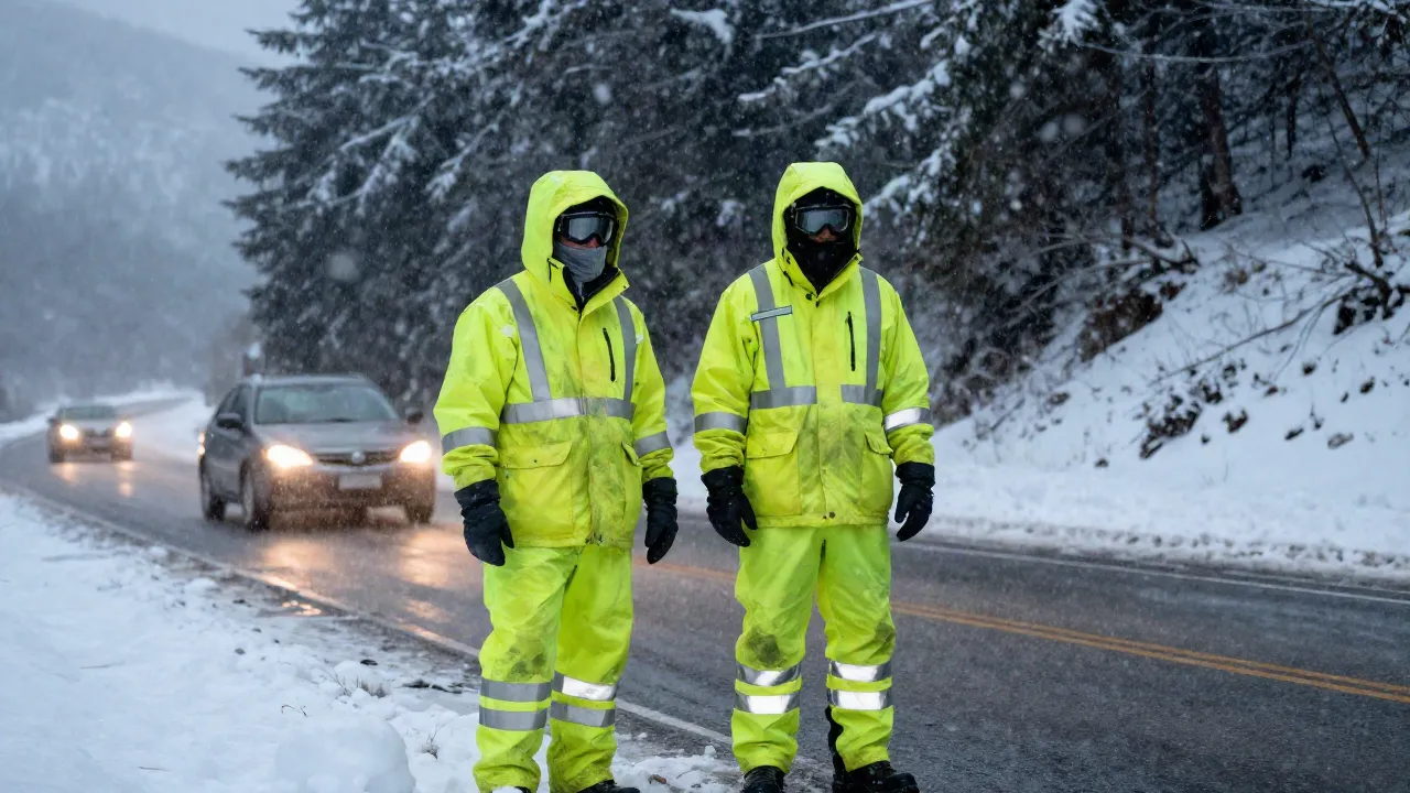 Ilustración: operarios con ropa de alta visibilidad impermeable y de abrigo bajo una nevada, junto a una carretera